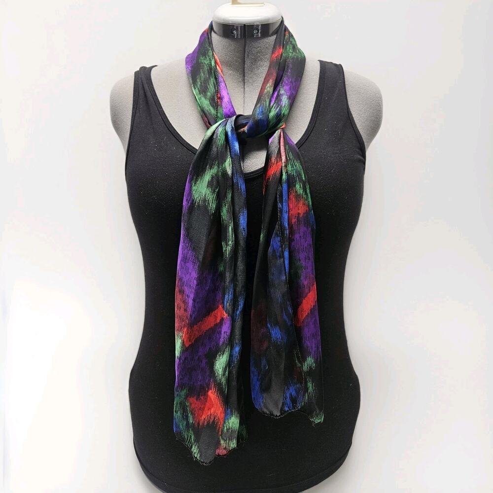 Vintage Abstract Black Silky Scarf Polyester Sheer Oblong Shawl 13x60"